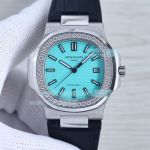 Swiss Copy Patek Philippe Nautilus 5711 Tiffany Blue Dial Diamond Bezel Black Leather Watch